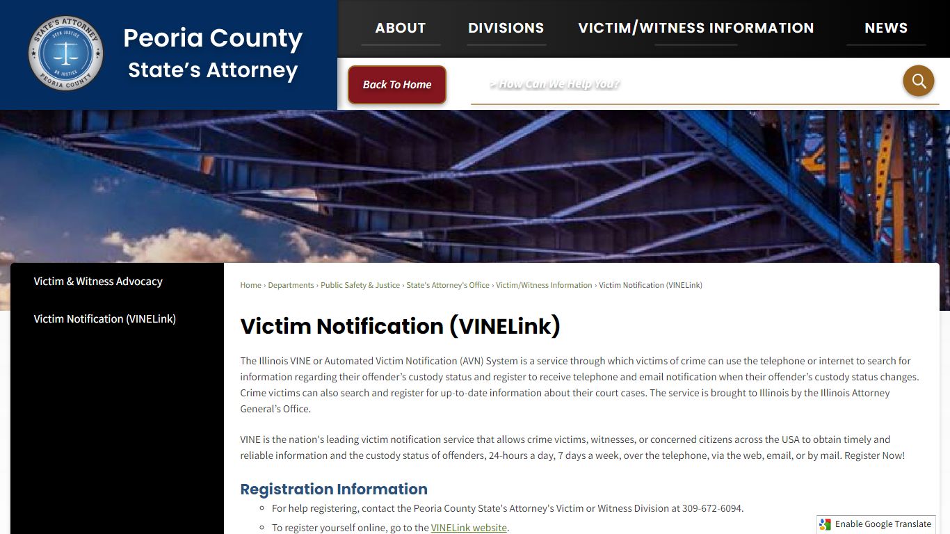 Victim Notification (VINELink) | Peoria County, IL